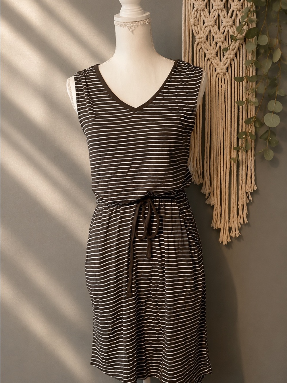 Simply Styled Brown and White Striped V-Neck Tie-Waist Dress